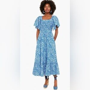 Tuckernuck Pink City Prints Indigo Blue Floral Lolita Smocked Midi Dress Xs